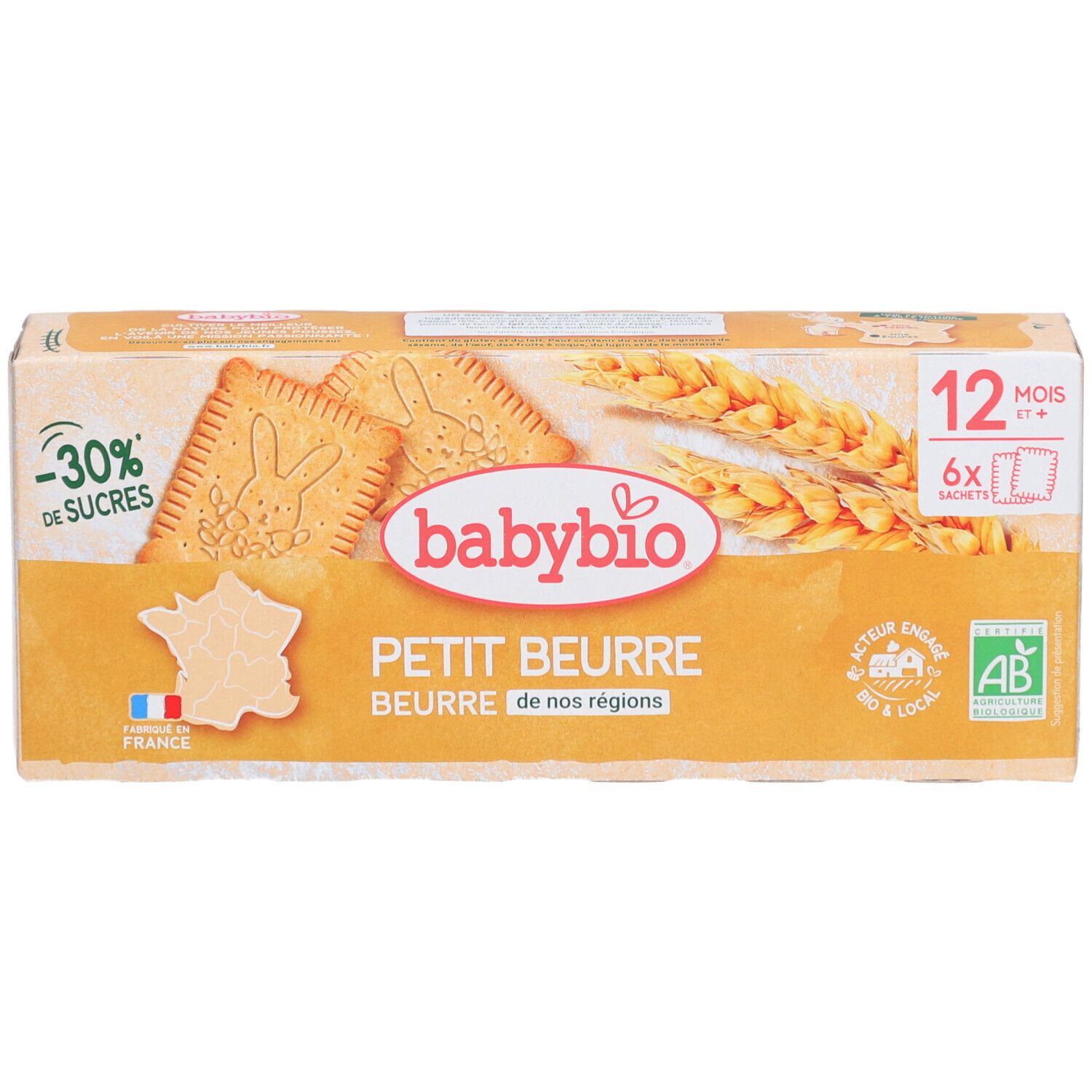 Babybio Petit Beurre Keksverpackung. Aufdrucke: Babybio, Petit Beurre, -30% Zucker, 12 Monate+, 6 Beutel, AB-Bio-Siegel, Hergestellt in Frankreich.