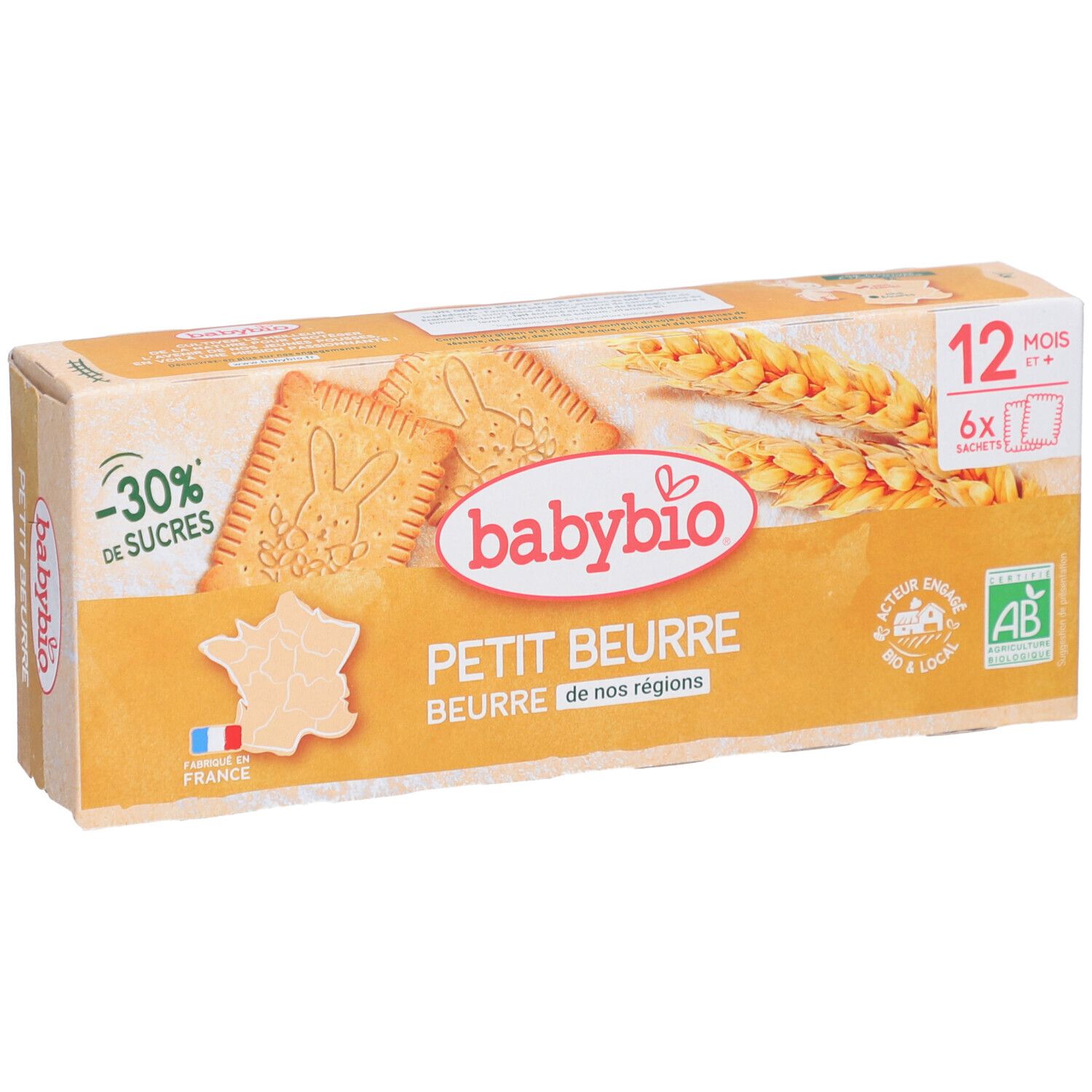 Babybio Petit Beurre Keksverpackung. Aufdrucke: Babybio, Petit Beurre, -30% Zucker, 12 Monate+, 6 Beutel, AB-Bio-Siegel, Hergestellt in Frankreich.