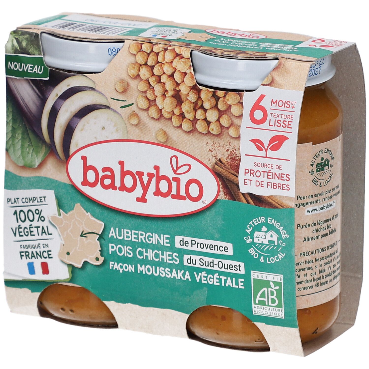 Verpackung mit zwei Gläsern BABYBIO Aubergine Pois Chiche. Aufdrucke: 100% végétal, Fabriqué en France, 6 mois, Textur lissé.