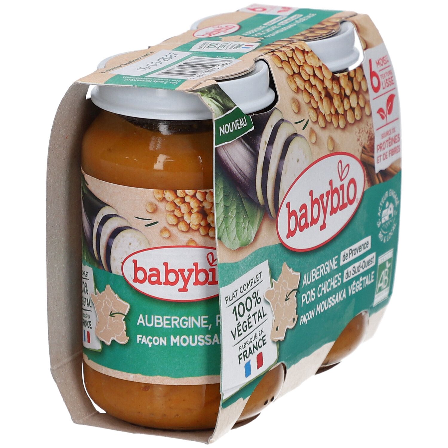 Verpackung mit zwei Gläsern BABYBIO Aubergine Pois Chiche. Aufdrucke: 100% végétal, Fabriqué en France, 6 mois, Textur lissé.