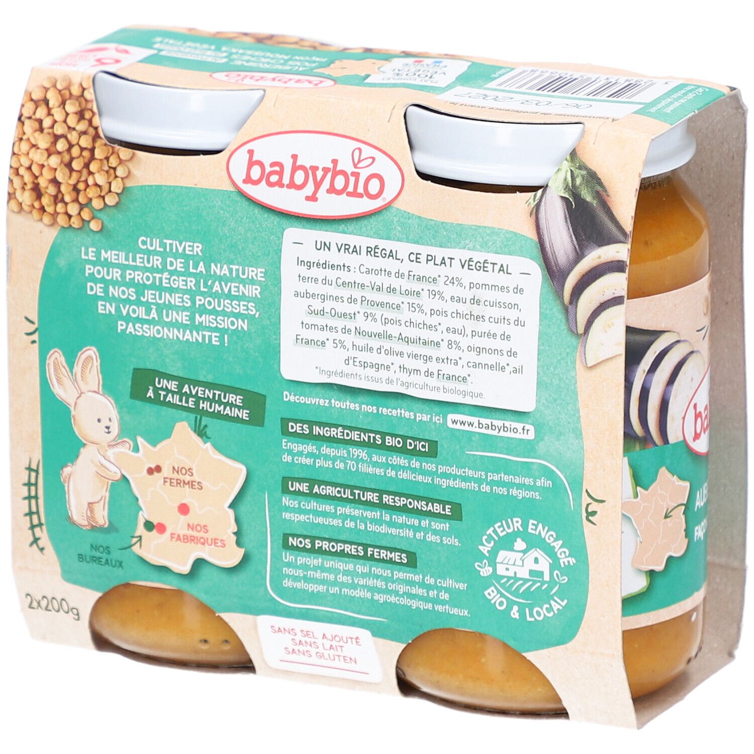 Rückseite der Verpackung mit zwei Gläsern BABYBIO. Text: Zutaten, Bio-Siegel, Logo, Text über nachhaltige Landwirtschaft, ohne Milch, ohne Gluten.
