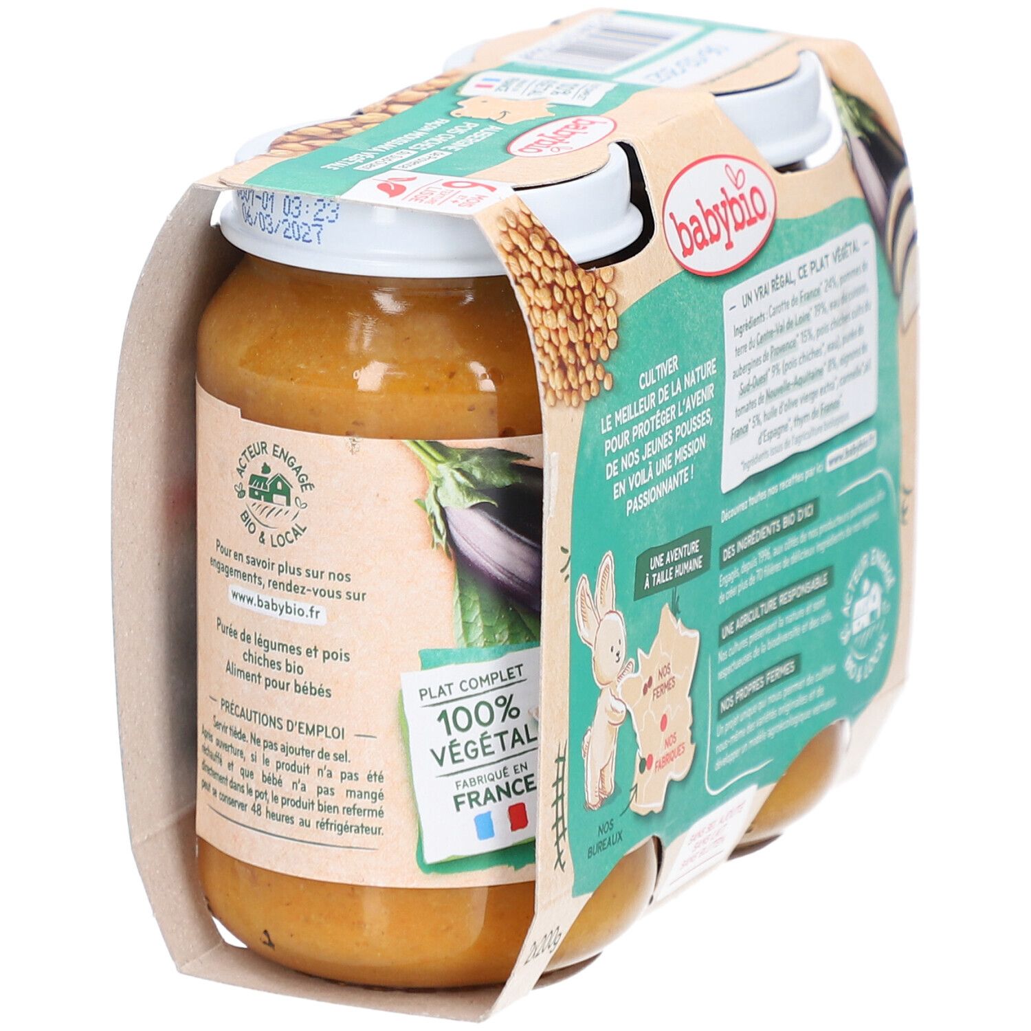 Verpackung mit zwei Gläsern BABYBIO. Aufdrucke: 100% végétal, Fabriqué en France, Bio-Siegel, Text über nachhaltige Landwirtschaft, ohne Milch, ohne Gluten.