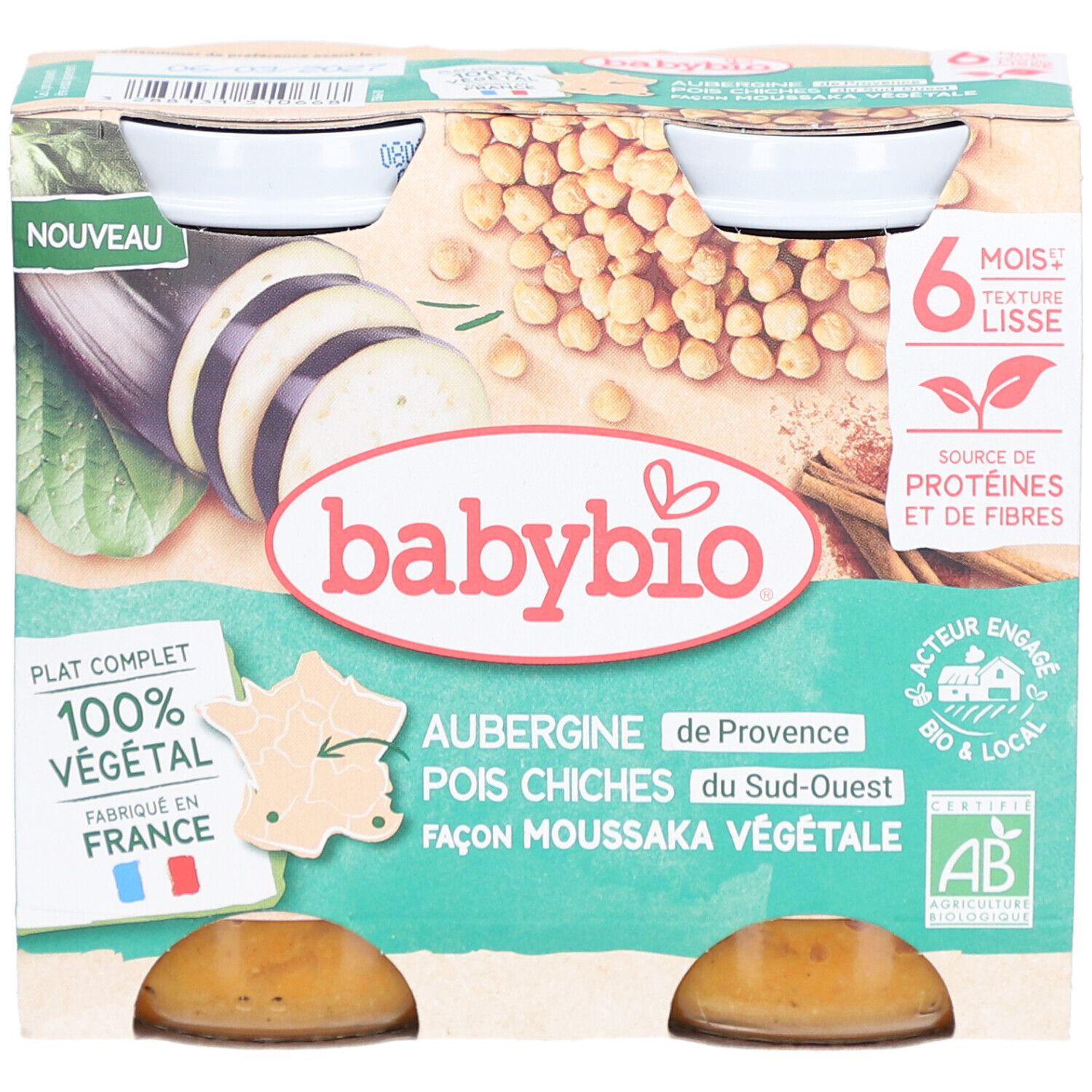 Verpackung mit zwei Gläsern BABYBIO Aubergine Pois Chiche. Aufdrucke: 100% végétal, Fabriqué en France, 6 mois, Textur lissé.