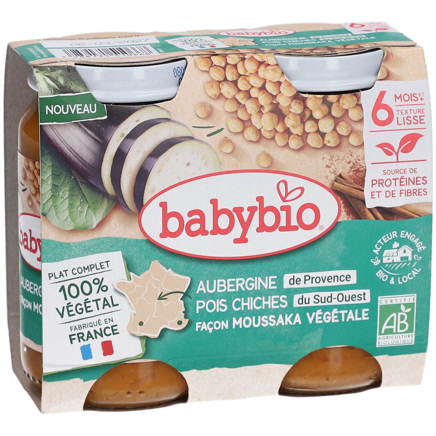 Verpackung mit zwei Gläsern BABYBIO Aubergine Pois Chiche. Aufdrucke: 100% végétal, Fabriqué en France, 6 mois, Textur lissé.