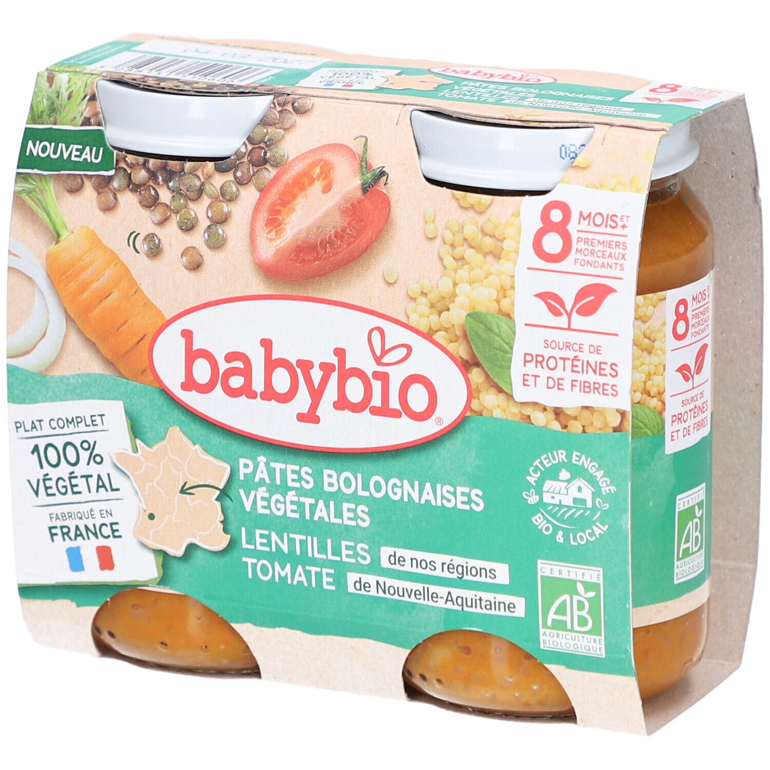 BABYBIO Pâtes Bolognaises Végétales, 4 Gläser. Karotte, Tomate, Linsen. Bio-Siegel. "Nouveau" und "Fabriqué en France".