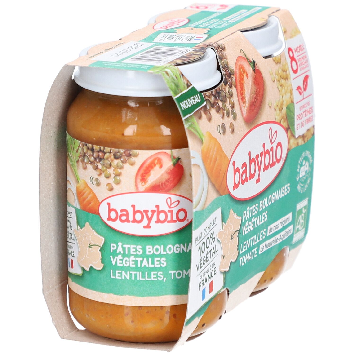 BABYBIO Pâtes Bolognaises Végétales, Glas. Karotte, Tomate, Linsen. Bio-Siegel. "Nouveau" und "Fabriqué en France".