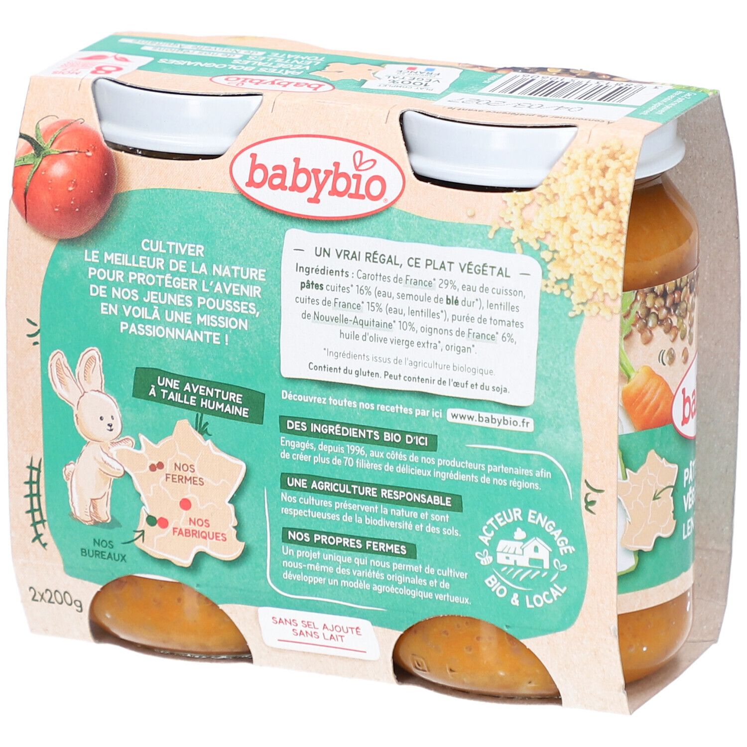 BABYBIO Pâtes Bolognaises Végétales, Rückseite der Verpackung. Zutatenliste, Bio-Siegel, "Nos Fermes".