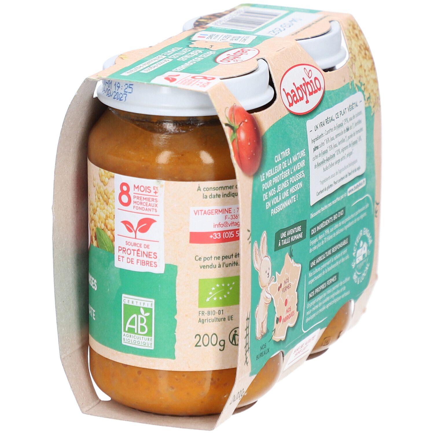 BABYBIO Pâtes Bolognaises Végétales, Glas. Bio-Siegel, 8 Monate+. Zutatenliste. 200g. "Fabriqué en France".