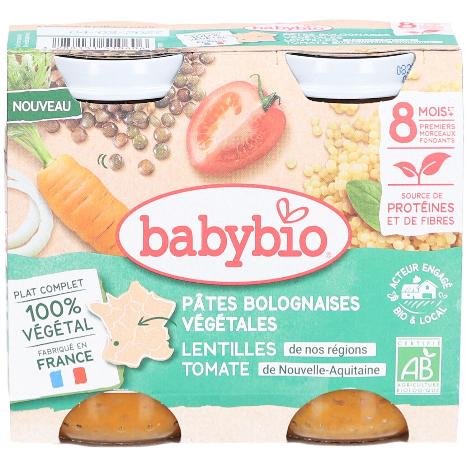 BABYBIO Pâtes Bolognaises Végétales, 4 Gläser. Karotte, Tomate, Linsen. Bio-Siegel. "Nouveau" und "Fabriqué en France".