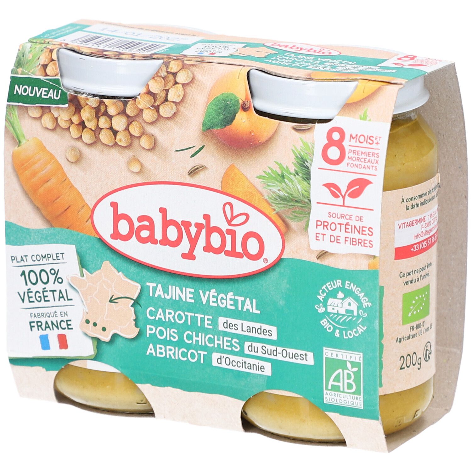 Packung mit zwei Gläsern BABYBIO Tajine Végétal. Enthält Karotten, Kichererbsen, Aprikosen. Bio-Zertifizierung.