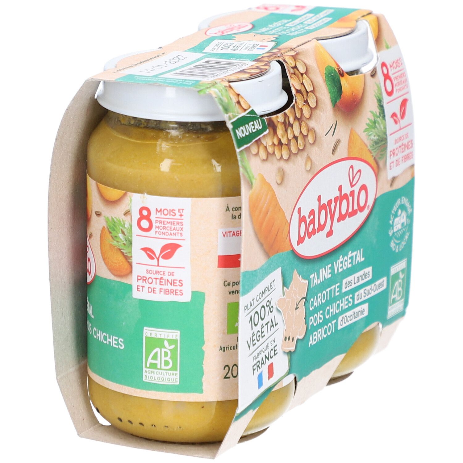 Packung mit zwei Gläsern BABYBIO Tajine Végétal. Produktansicht von der Seite. Bio-Zertifizierung.