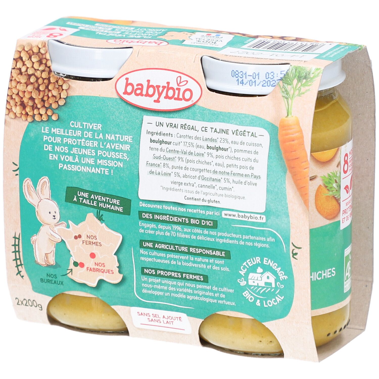 Rückseite der Packung mit zwei Gläsern BABYBIO Tajine Végétal. Text und Illustrationen. Bio-Zertifizierung.
