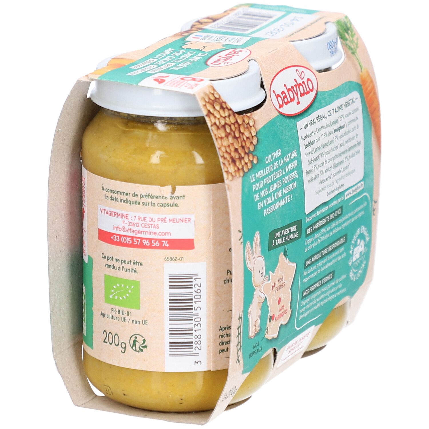 Rückseite der Packung mit zwei Gläsern BABYBIO Tajine Végétal. Detailansicht. Bio-Zertifizierung.