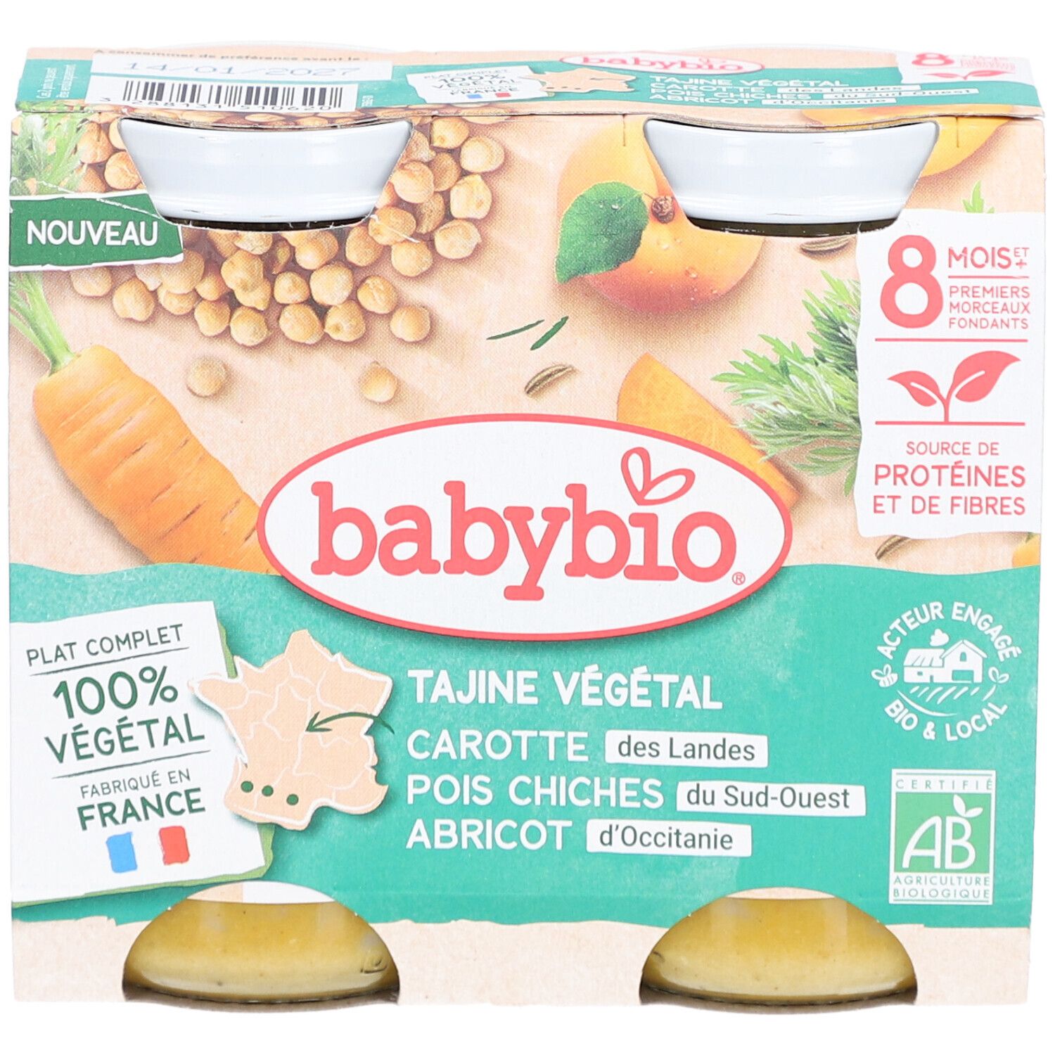 Packung mit zwei Gläsern BABYBIO Tajine Végétal. Vorderansicht. Bio-Zertifizierung.