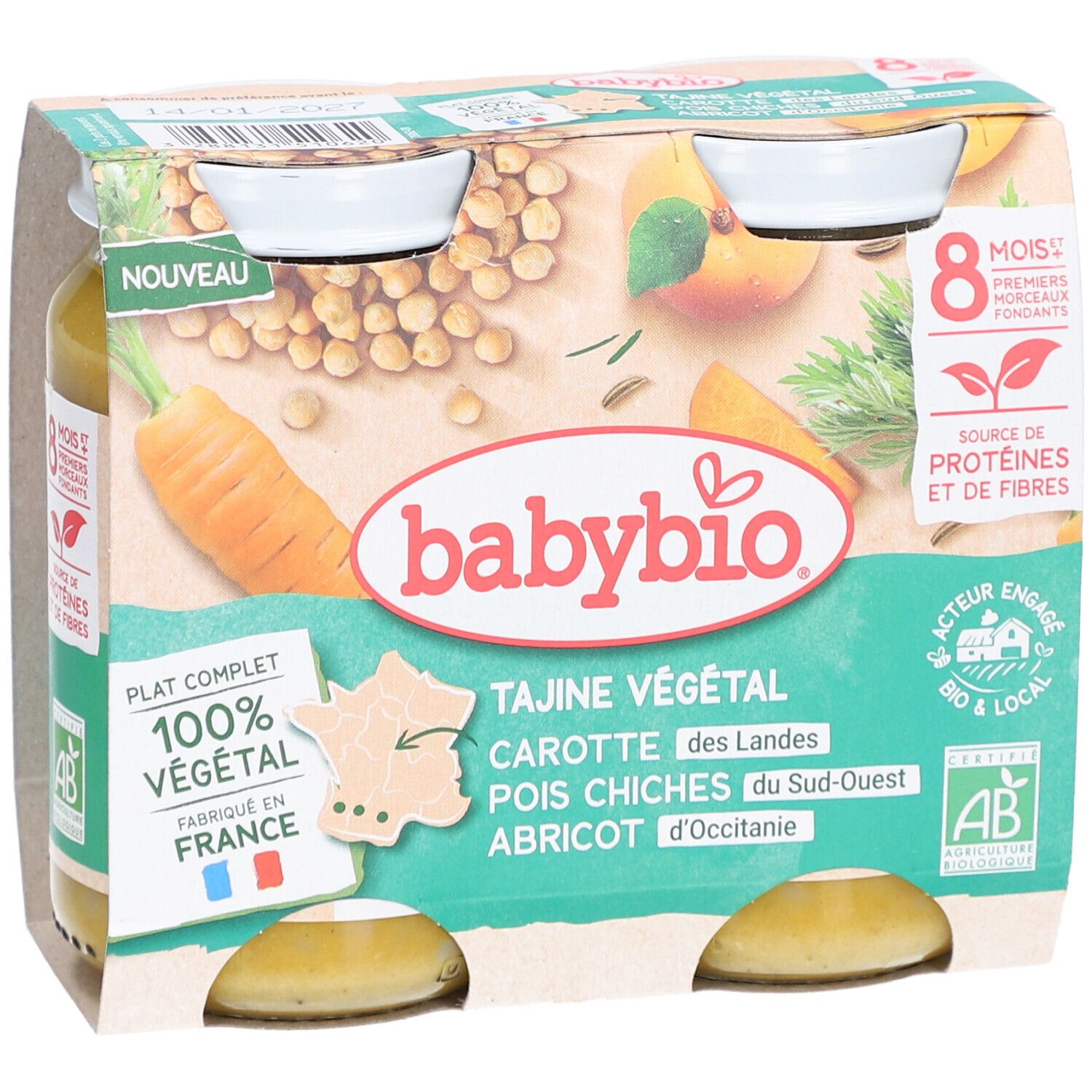 Packung mit zwei Gläsern BABYBIO Tajine Végétal. Produktansicht. Bio-Zertifizierung.
