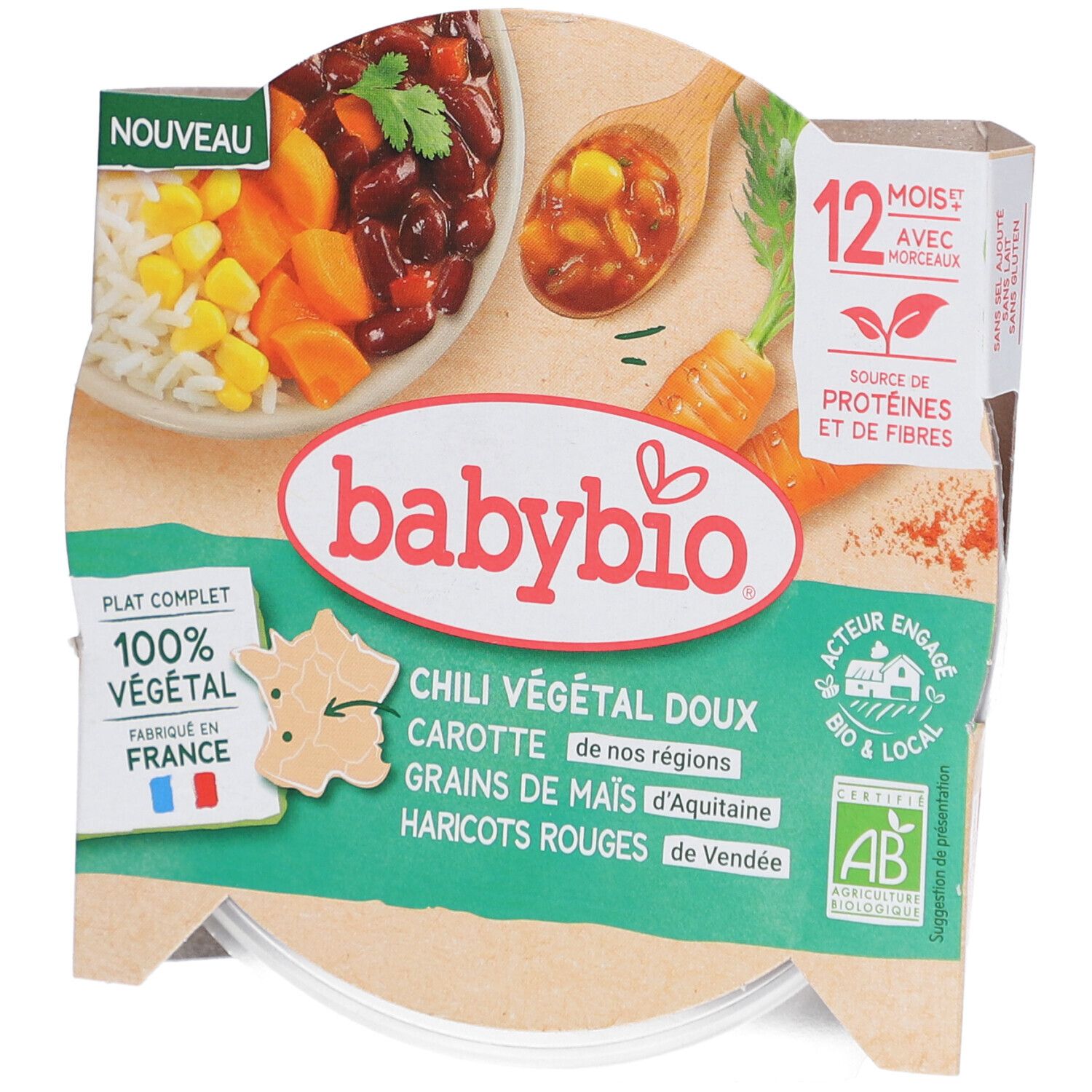 BABYBIO Chili Végétal Doux, carottes, maïs, haricots rouges. Emballage avec illustration du produit, texte: 100% végétal, Fabriqué en France.