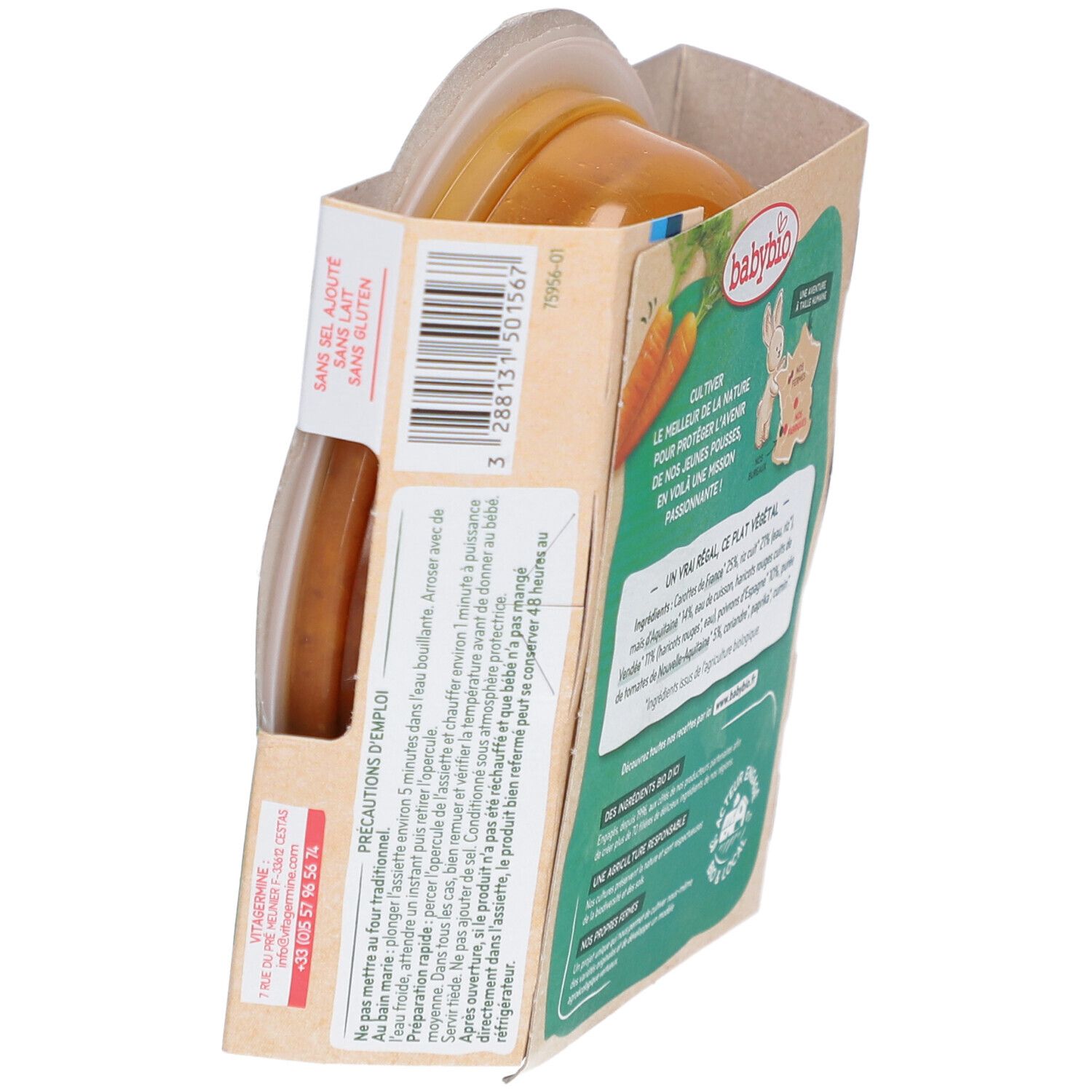 BABYBIO Chili Végétal Doux, vue latérale de l'emballage. Texte: Sans sel ajouté, sans gluten. Instructions de préparation, numéro de téléphone.