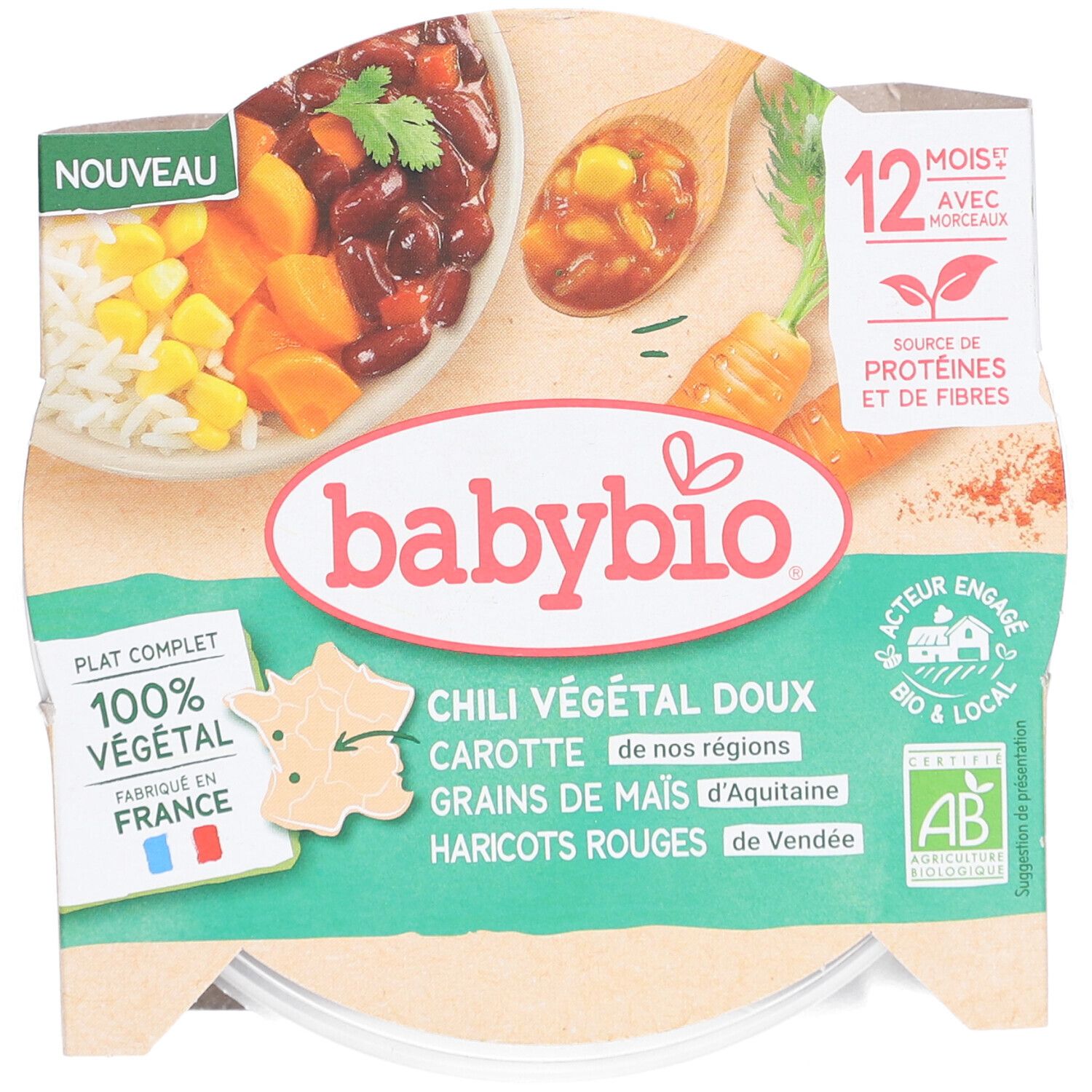 BABYBIO Chili Végétal Doux, carottes, maïs, haricots rouges. Emballage avec illustration du produit, texte: 100% végétal, Fabriqué en France.