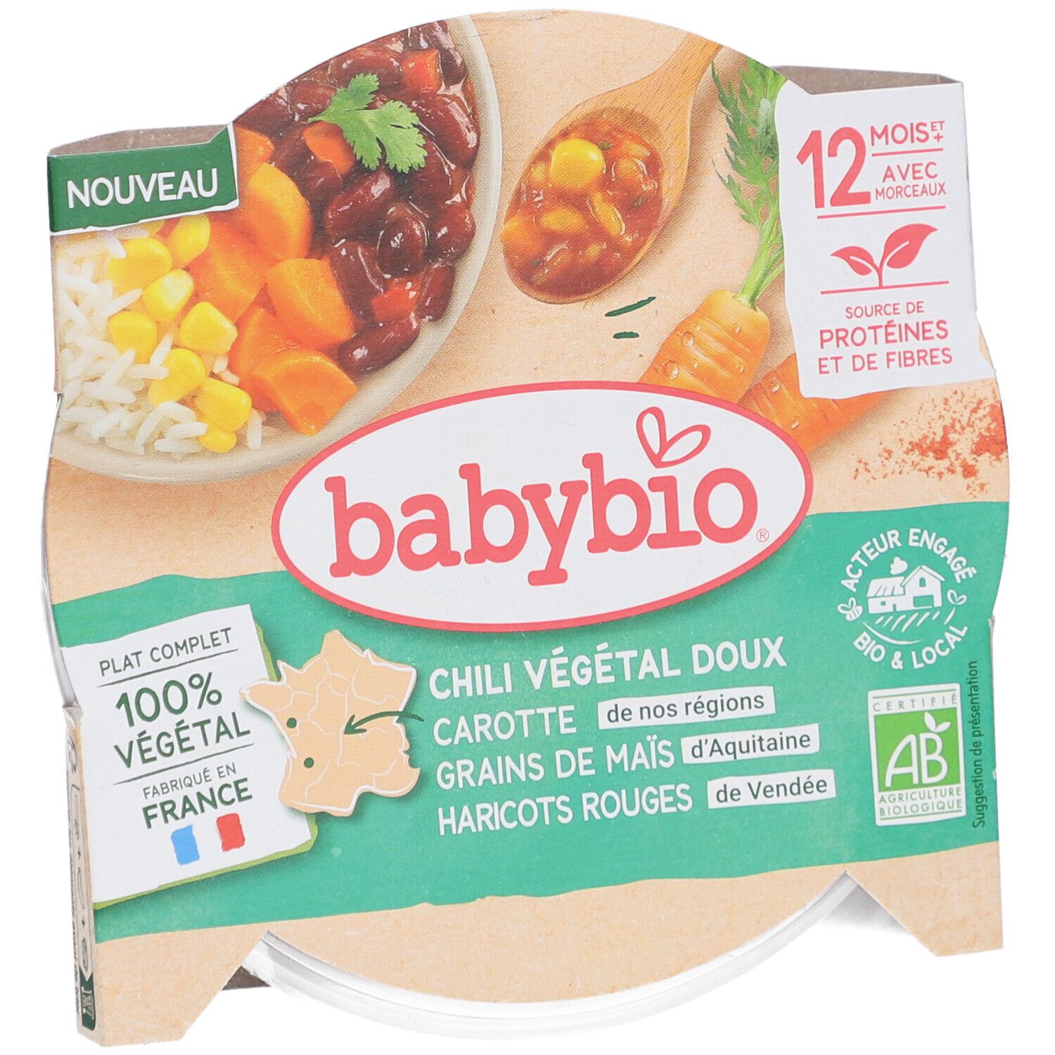 BABYBIO Chili Végétal Doux, carottes, maïs, haricots rouges. Emballage avec illustration du produit, texte: 100% végétal, Fabriqué en France.