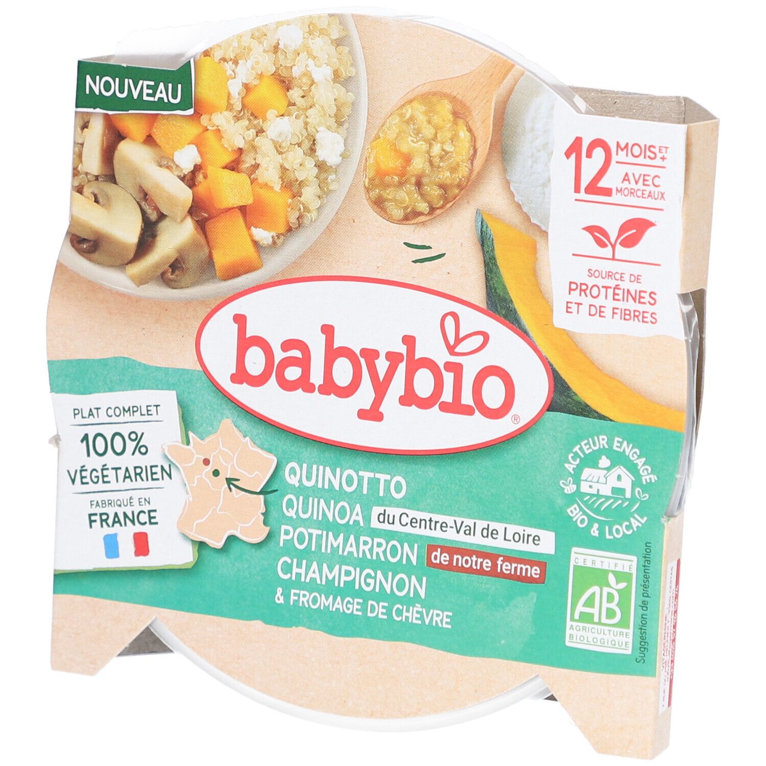 Plat complet Babybio. Quinotto quinoa, potimarron, champignons et fromage de chèvre. 100% végétal, fabriqué en France. Logo AB.