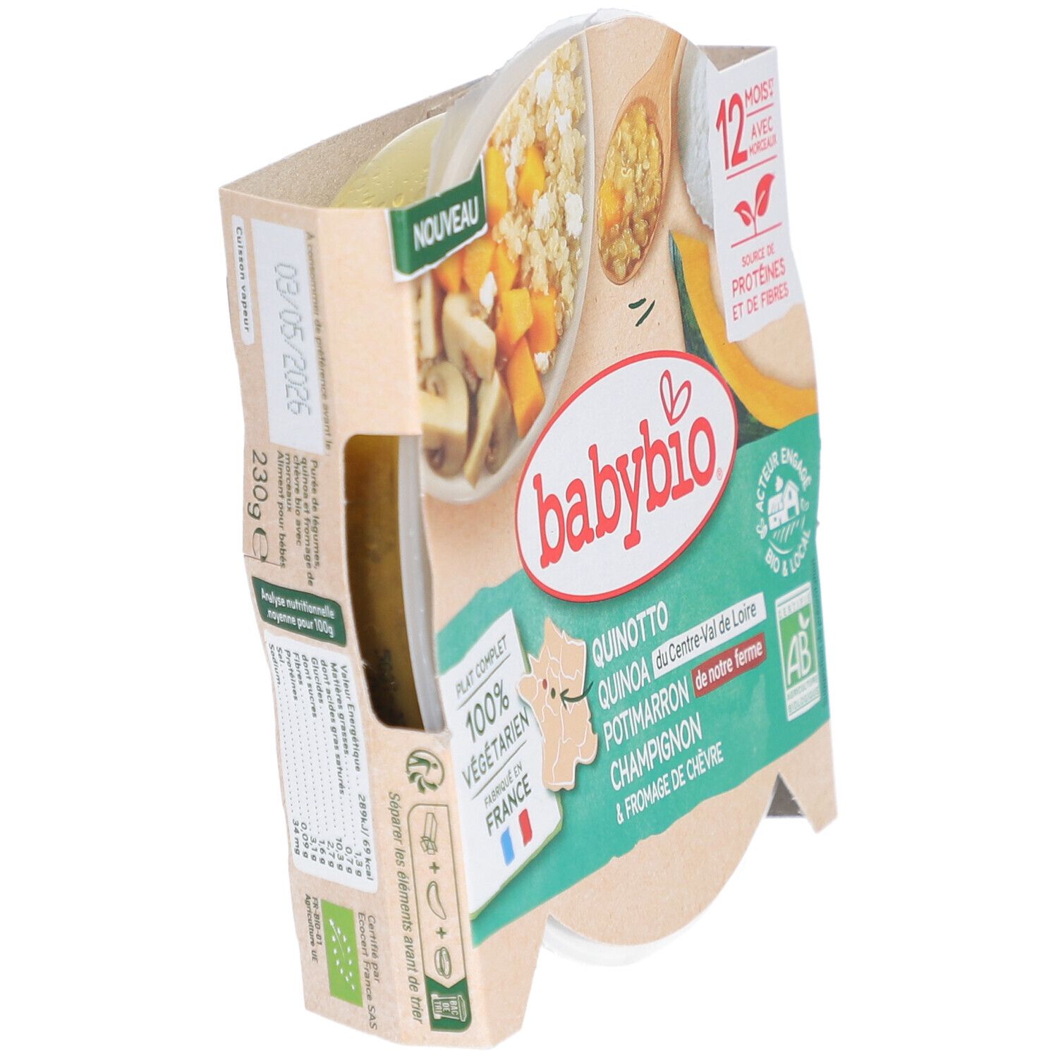 Plat Babybio en emballage. Quinotto quinoa, potimarron, champignons et fromage de chèvre. 12 mois+. Logo AB. Fabriqué en France.