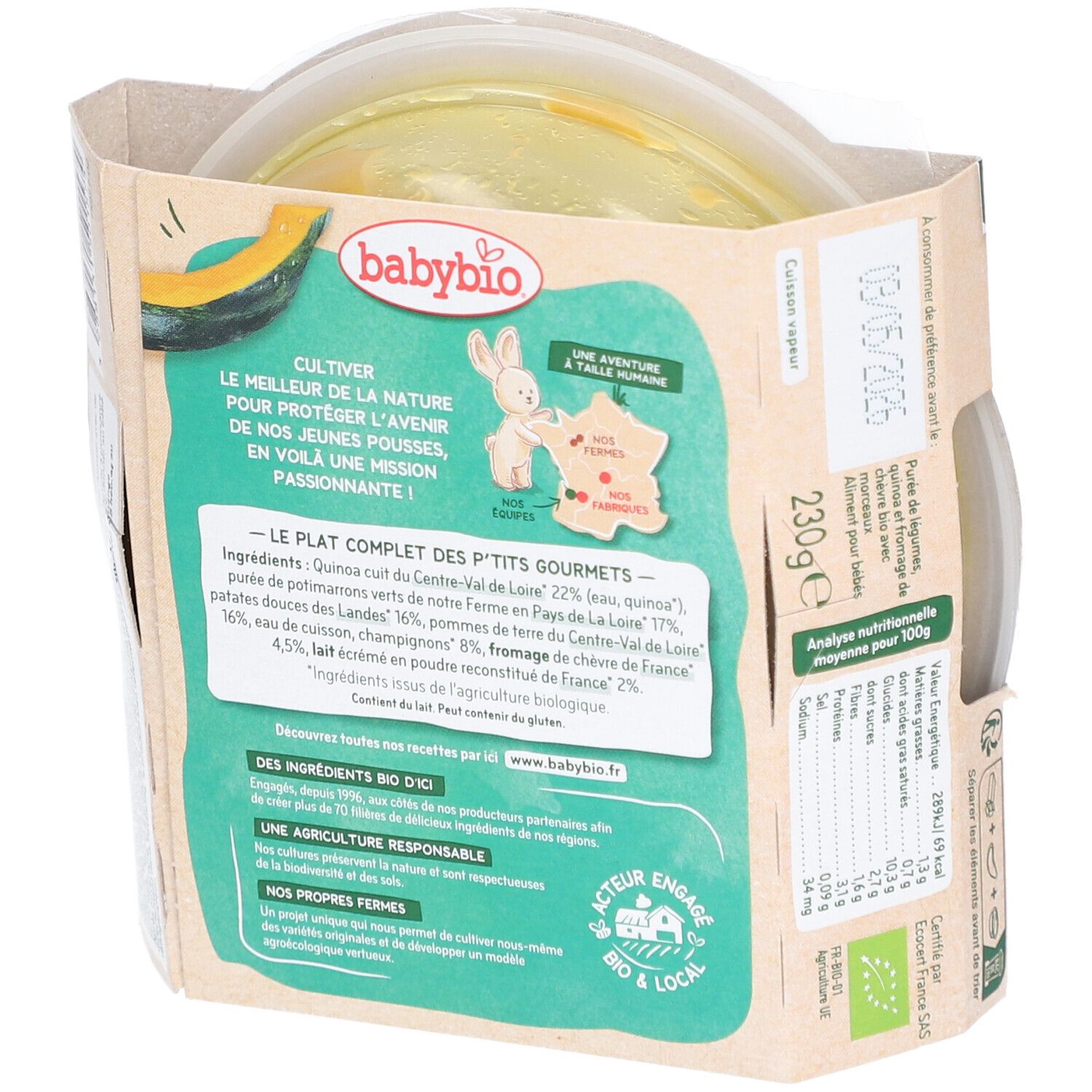 Dos de l'emballage Babybio. Liste des ingrédients : quinotto quinoa, potimarron, champignons et fromage de chèvre. Informations nutritionnelles. Logo AB.