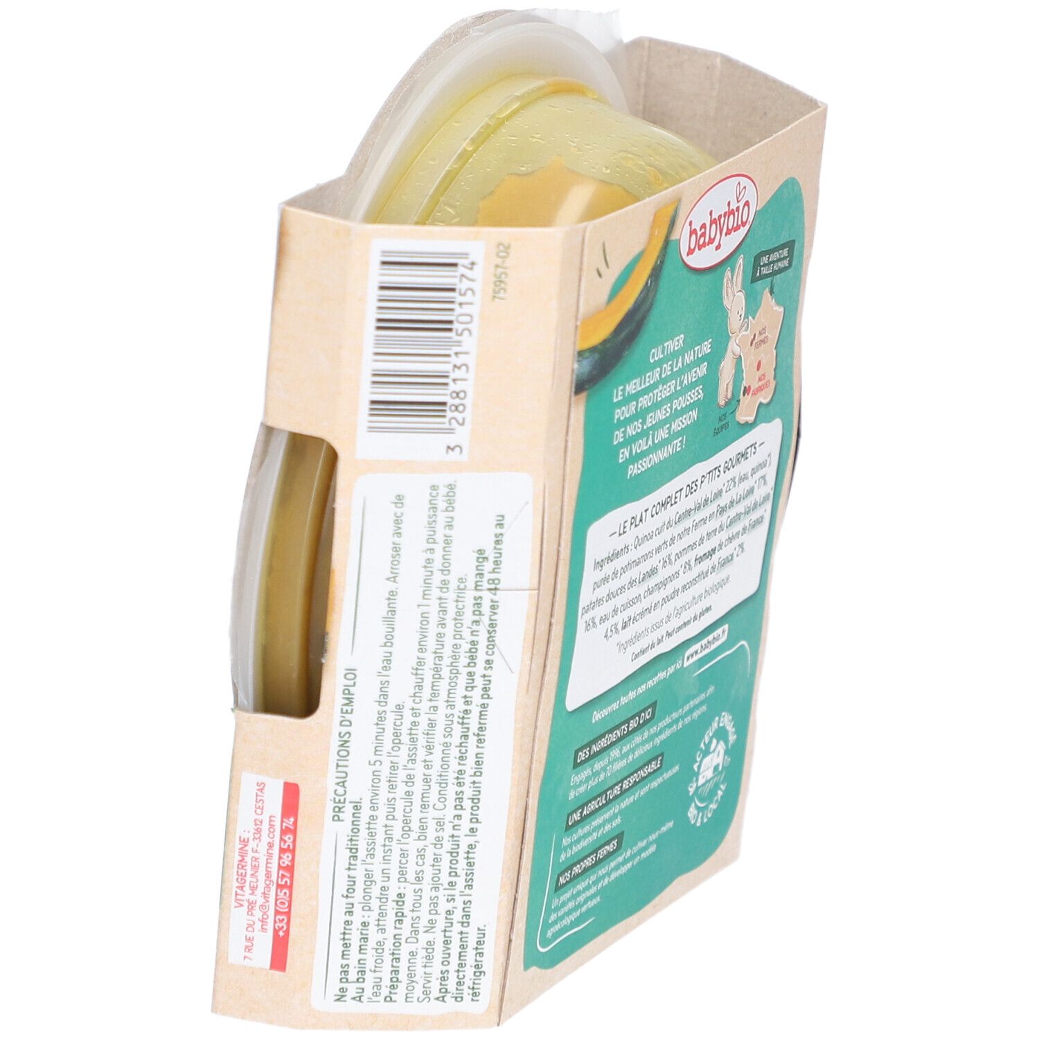 Emballage Babybio. Instructions de préparation : chauffer. Liste des ingrédients. Informations nutritionnelles. Logo AB. Fabriqué en France.
