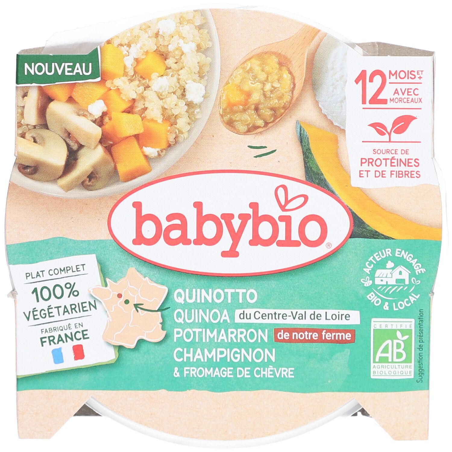 Plat complet Babybio. Quinotto quinoa, potimarron, champignons et fromage de chèvre. 100% végétal, fabriqué en France. 12 mois+.