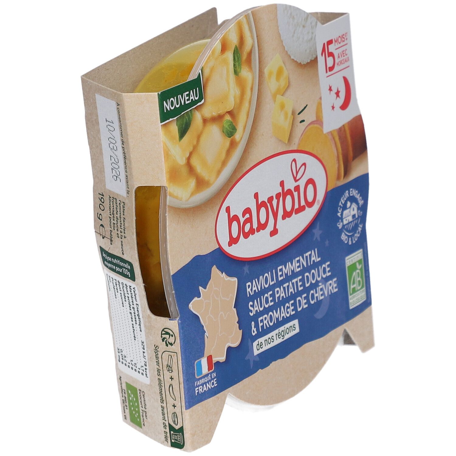 Emballage Babybio Ravioli Emmental Sauce Patate Douce & Fromage de Chèvre. Logo AB, mention "Fabriqué en France".