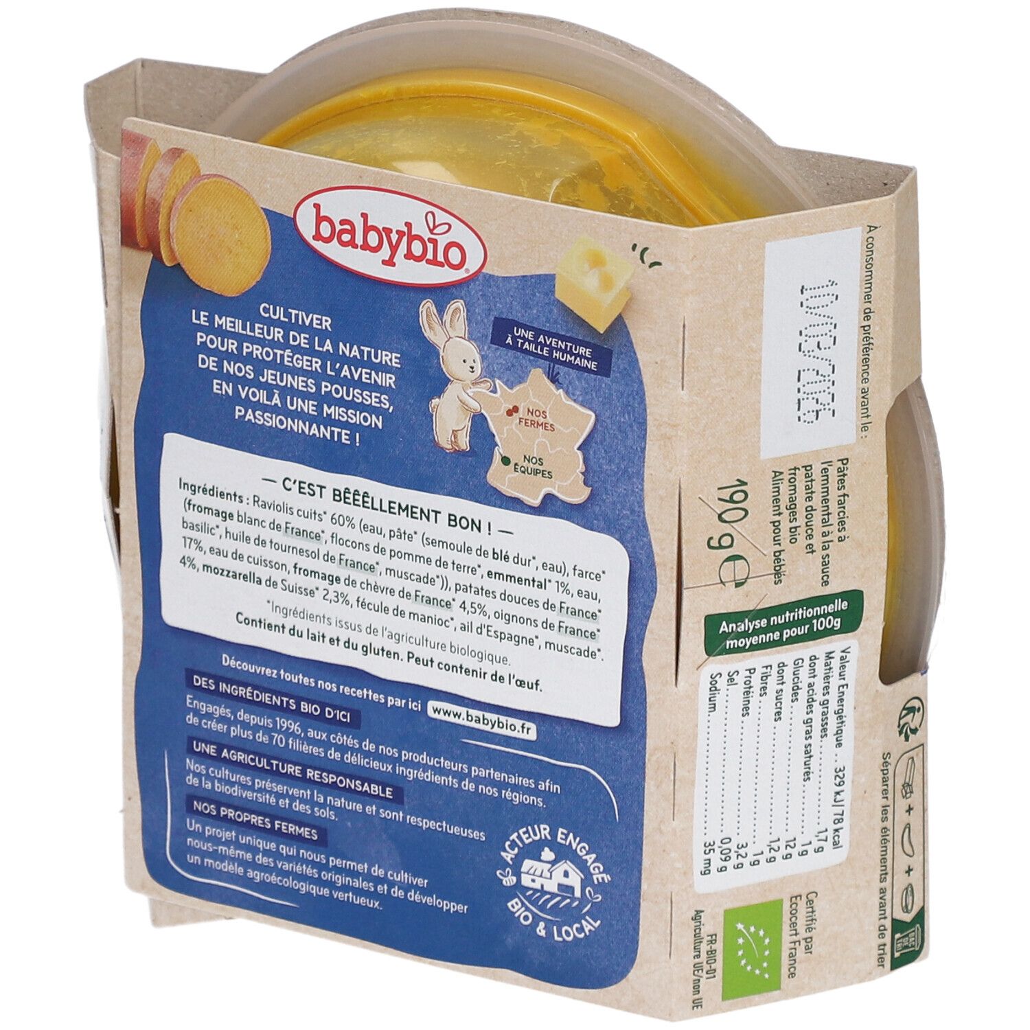 Dos de l'emballage Babybio. Liste des ingrédients, informations nutritionnelles, certification AB. Date limite: 10/03/2025.