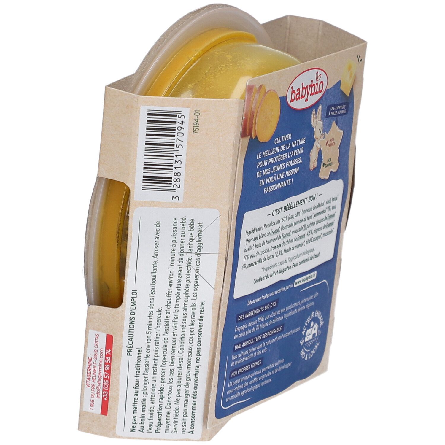 Emballage Babybio Ravioli. Dos avec ingrédients, valeurs nutritionnelles, certification AB. Code-barres et coordonnées.