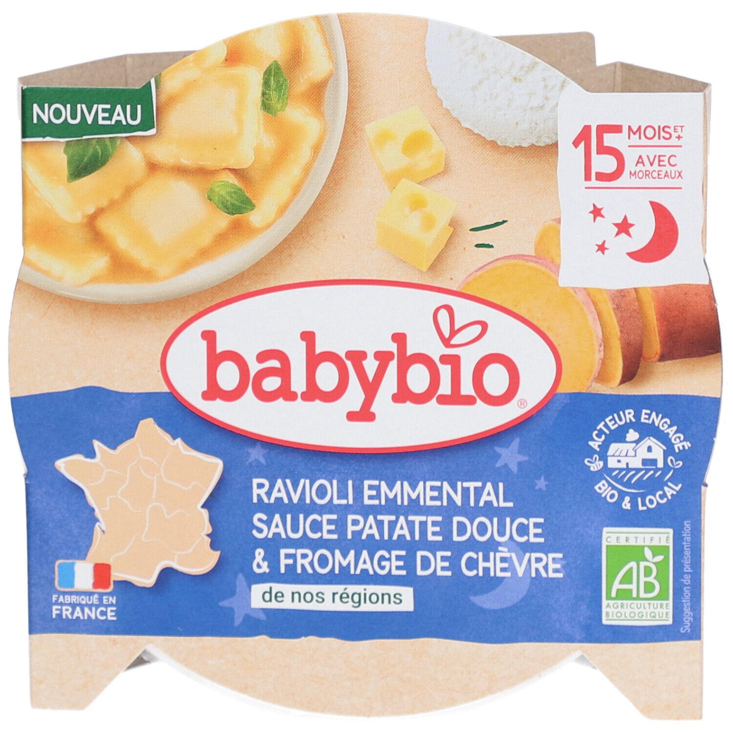 Emballage Babybio Ravioli Emmental Sauce Patate Douce & Fromage de Chèvre. Certification AB, "Fabriqué en France".