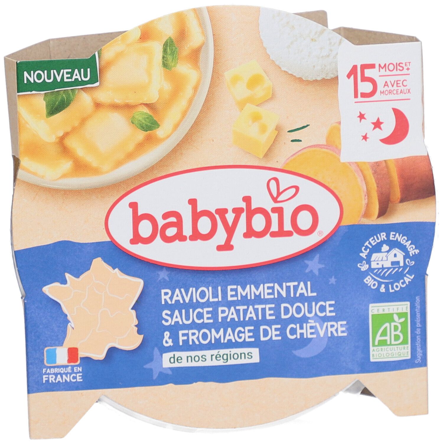 Emballage Babybio Ravioli Emmental Sauce Patate Douce & Fromage de Chèvre. Certification AB, "Fabriqué en France".