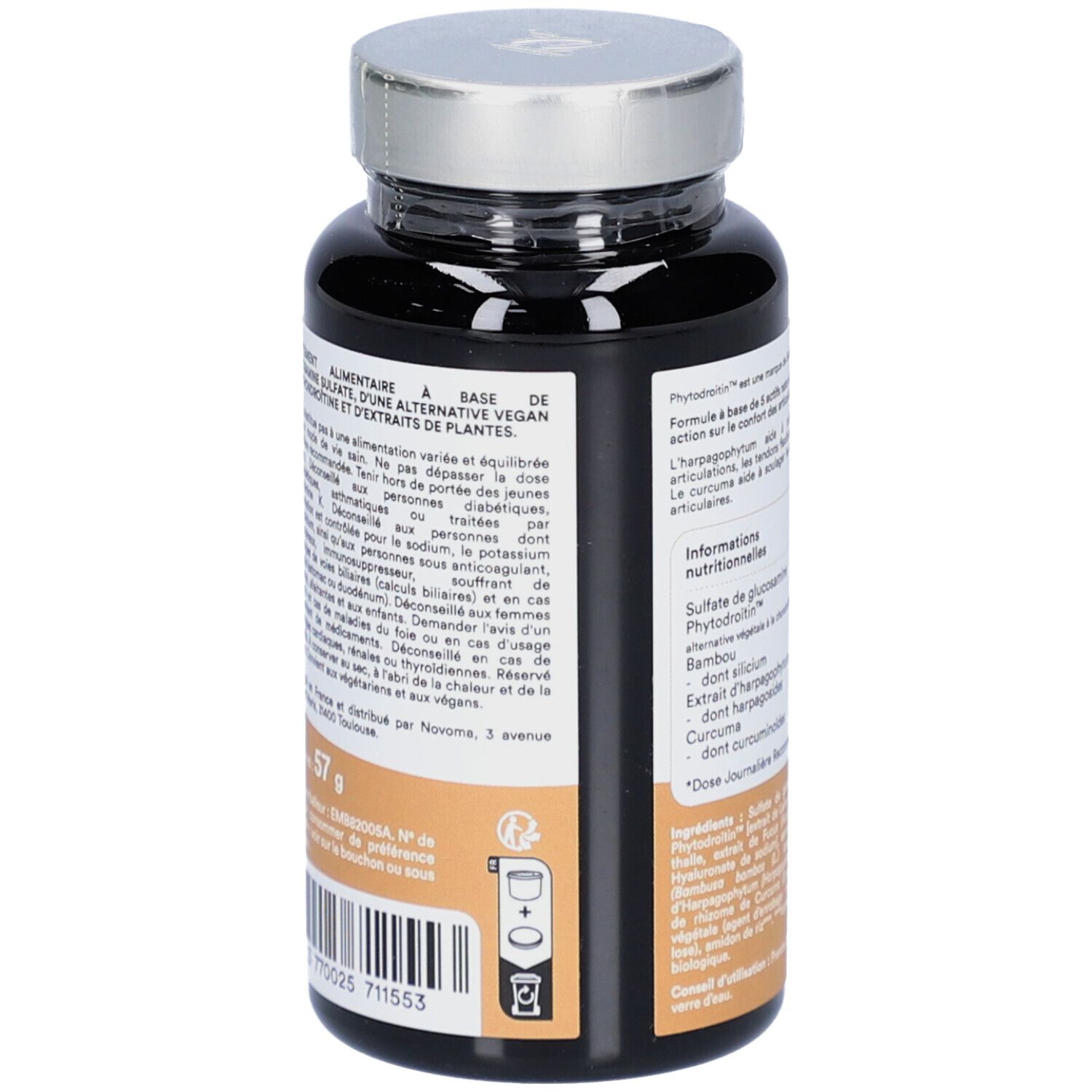 Rückseite der braunen Flasche. Text mit Warnhinweisen und Inhaltsstoffen. NOVOMA FORMULE ARTICULATIONS. 90 Kapseln.