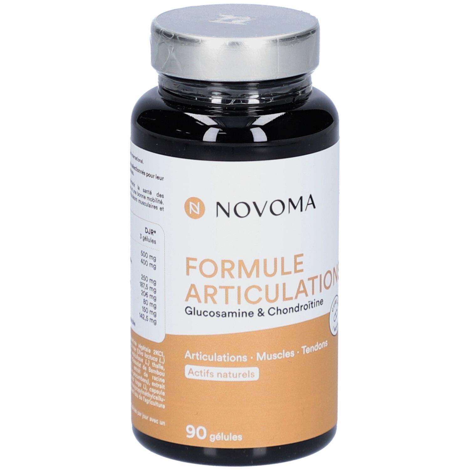 Braune Flasche mit Kapseln. Aufschrift: NOVOMA FORMULE ARTICULATIONS. 90 Kapseln. Glucosamin & Chondroitin.