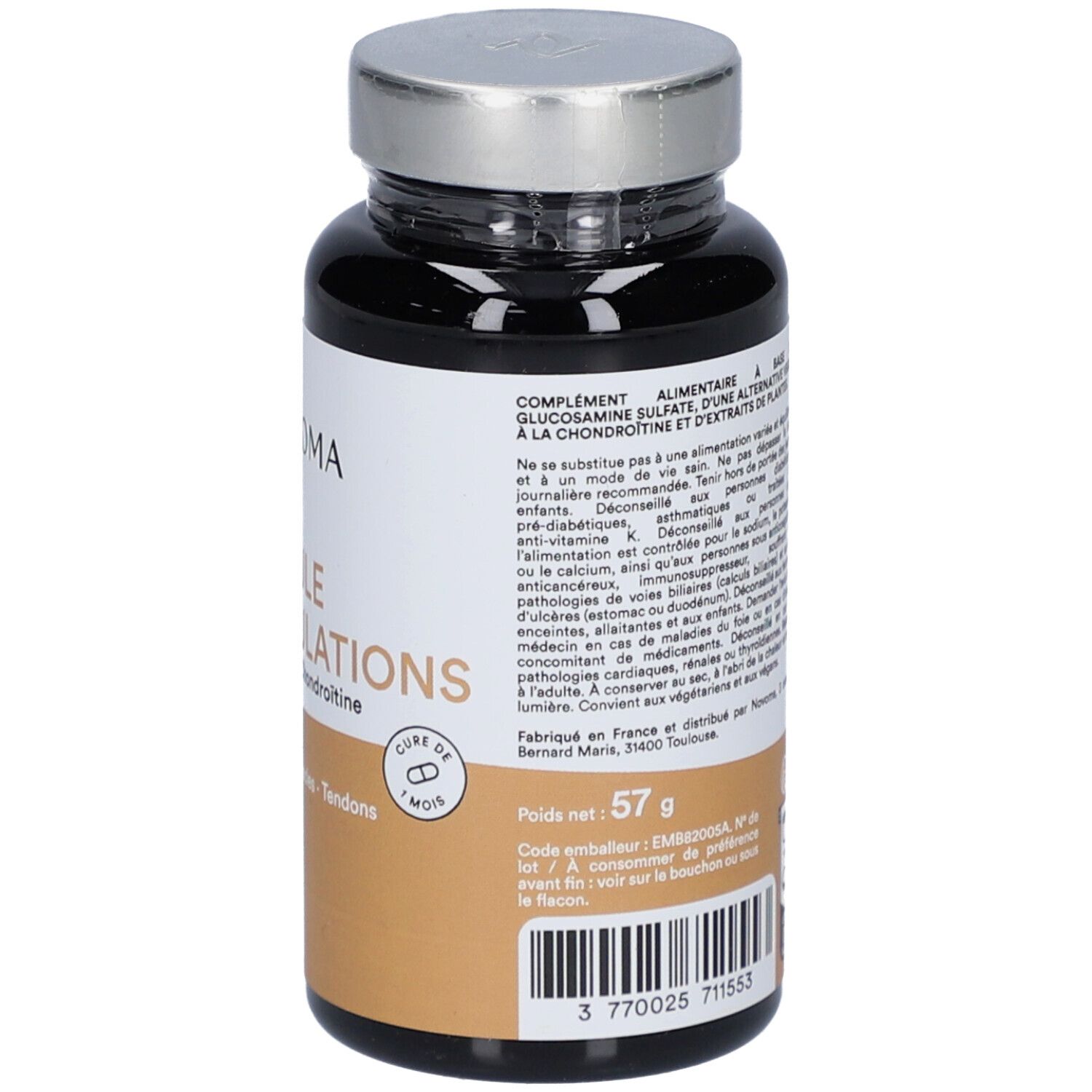 Rückseite der braunen Flasche. Text mit Informationen und Inhaltsstoffen. NOVOMA FORMULE ARTICULATIONS. 90 Kapseln. Cure de 1 mois.