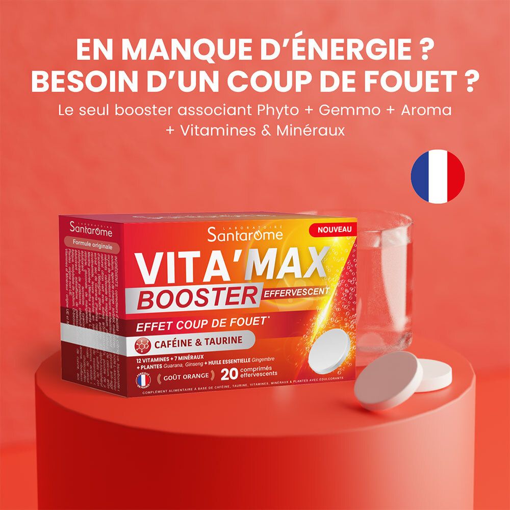 Santarome Vita'max Brause Booster sur socle rouge. Inscription: Vita'max Booster Effervescent. 20 comprimés effervescents. Verre d'eau.