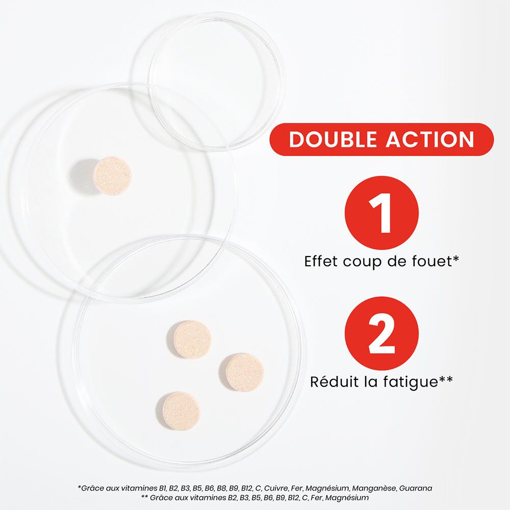 Comprimés effervescents dans des boîtes de Pétri. Inscription: Double Action. 1. Effet. 2. Réduit la fatigue.