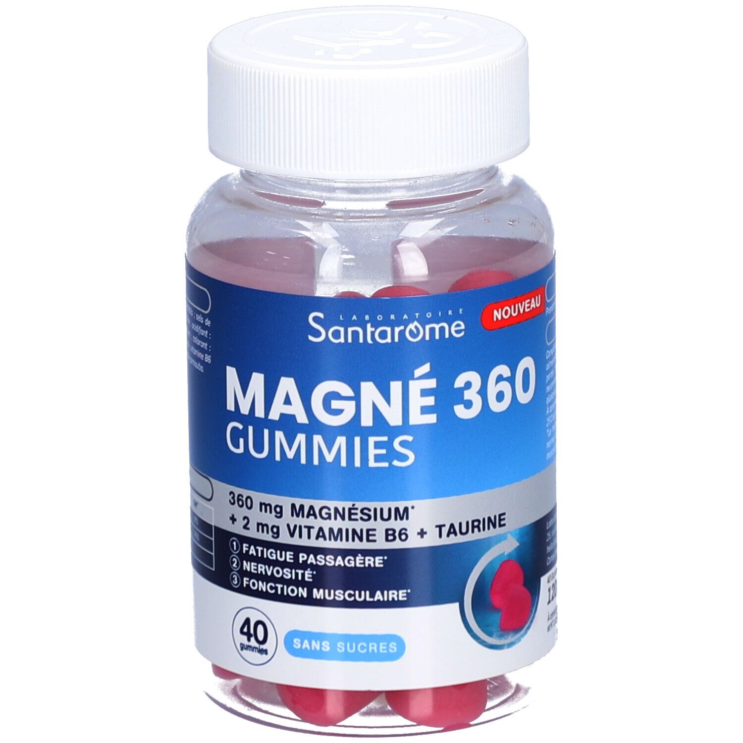 Flacon transparent avec gommes rouges. Étiquette bleue avec nom du produit et ingrédients. Bouchon blanc.