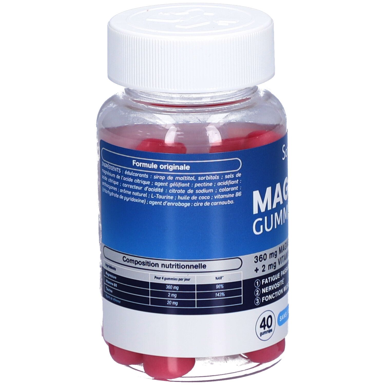 Vue arrière du flacon avec liste des ingrédients et tableau nutritionnel. Gommes rouges visibles.