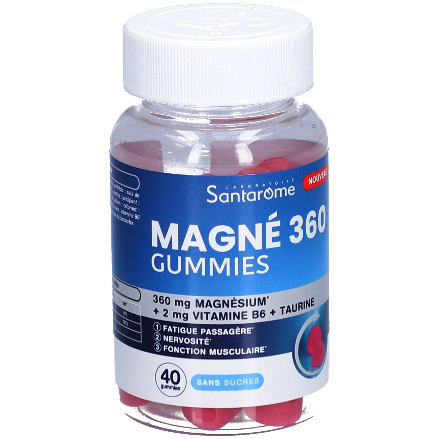 Flacon transparent avec gommes rouges. Étiquette bleue avec nom du produit et ingrédients. Bouchon blanc.