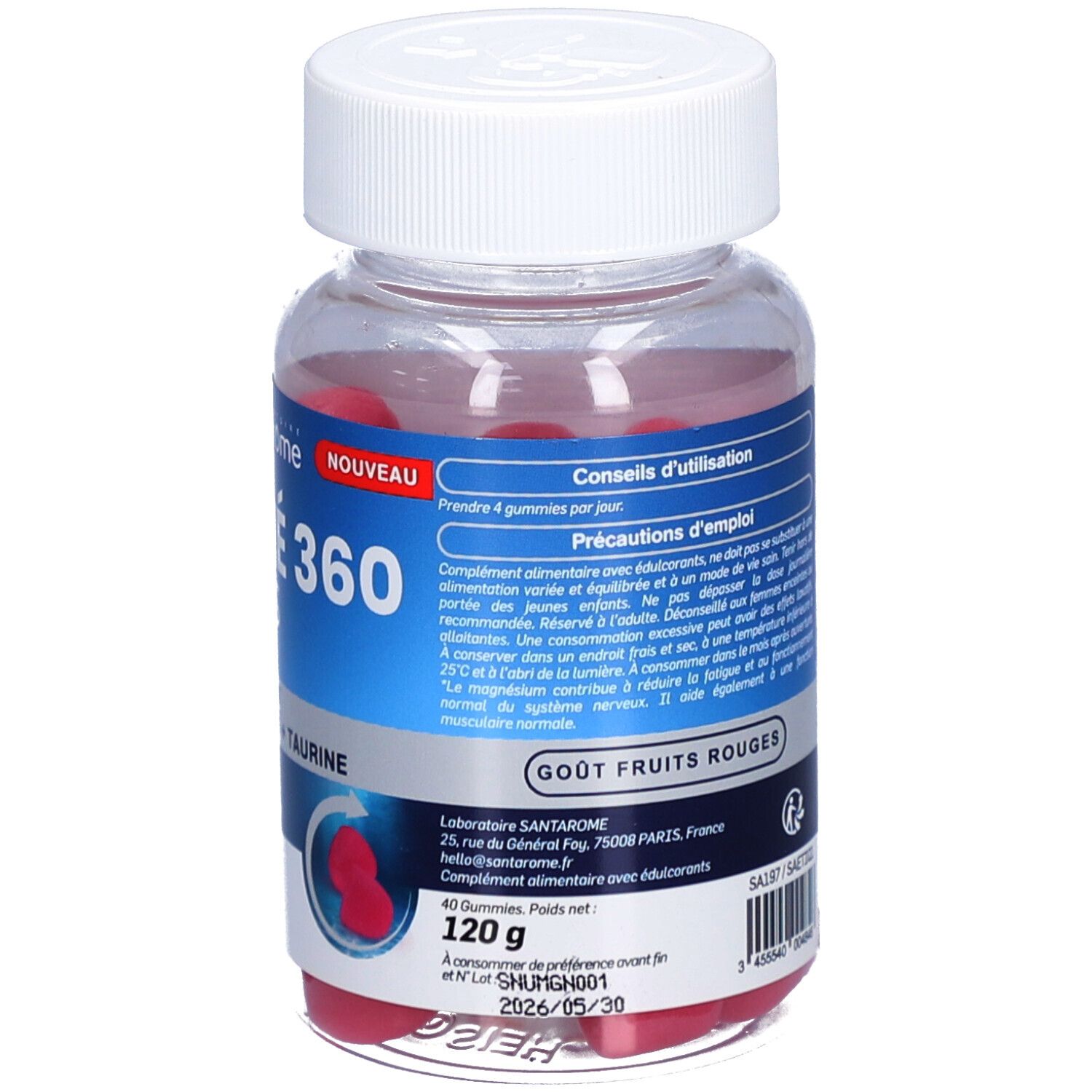 Flacon avec gommes rouges. Étiquette avec nom du produit, ingrédients, poids et date de péremption. Bouchon blanc.