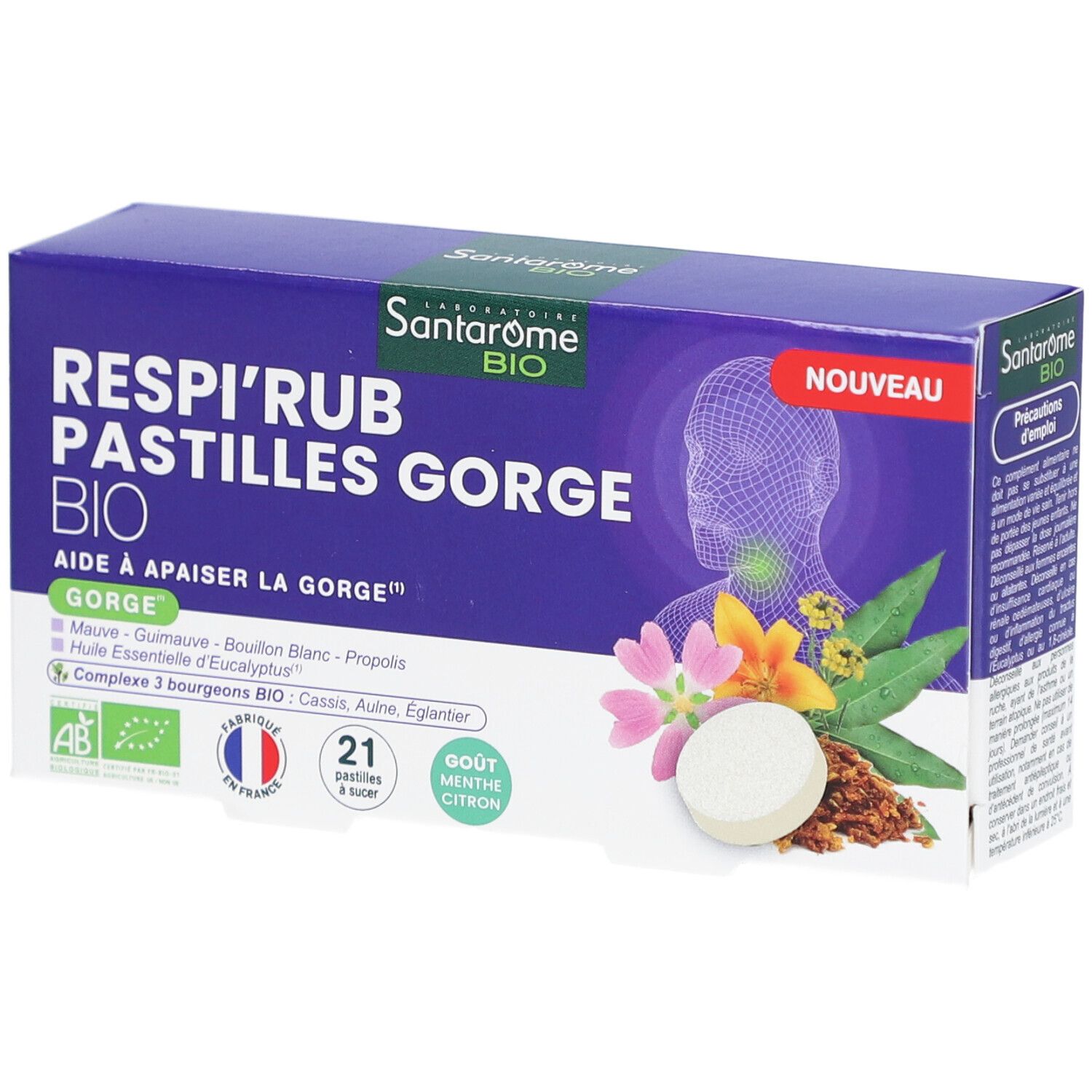 Schachtel mit Pastillen. Aufschrift: Respi'Rub Pastilles Gorge Bio. Mit 21 Pastillen, Geschmack Minze Zitrone.