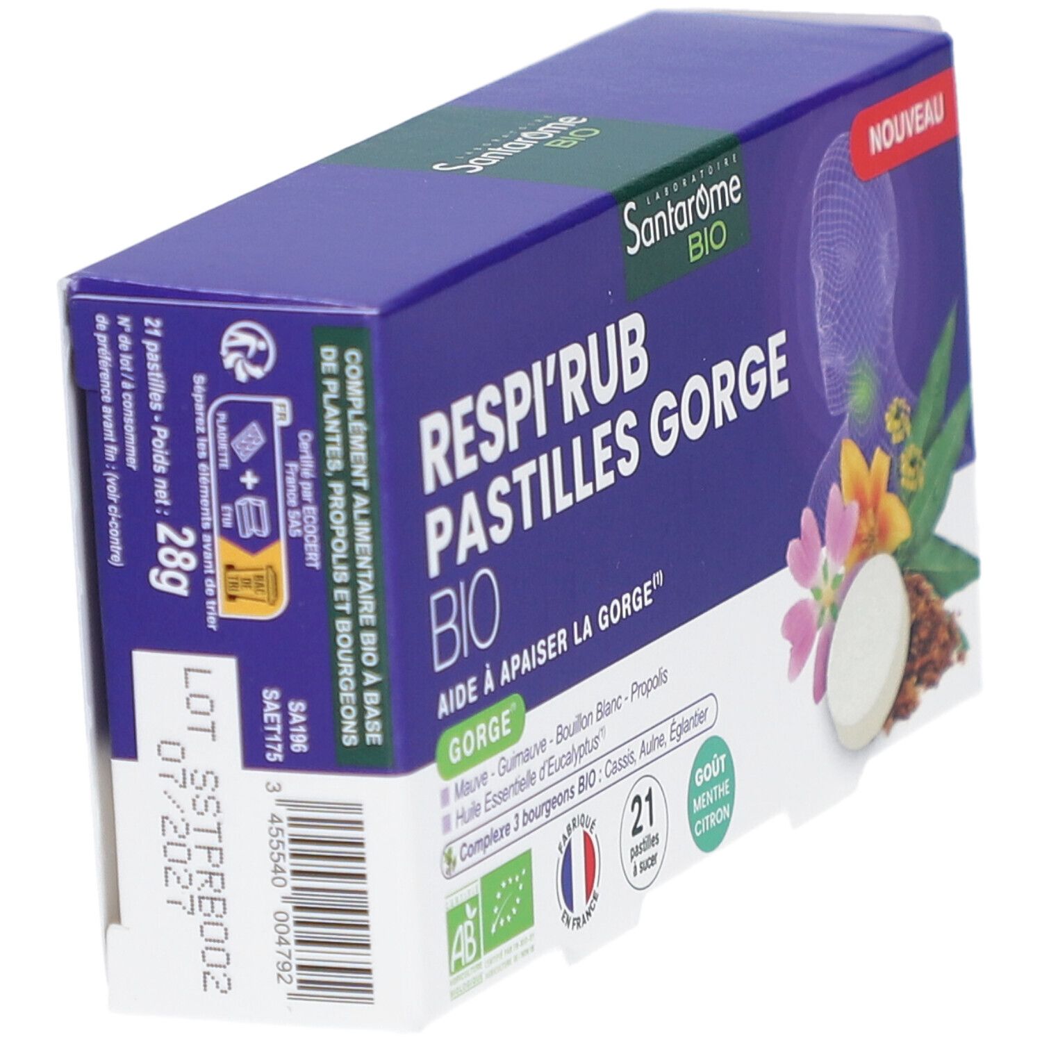 Schachtel mit Pastillen. Aufschrift: Respi'Rub Pastilles Gorge Bio. 21 Pastillen. Mindesthaltbarkeitsdatum 07/2021.