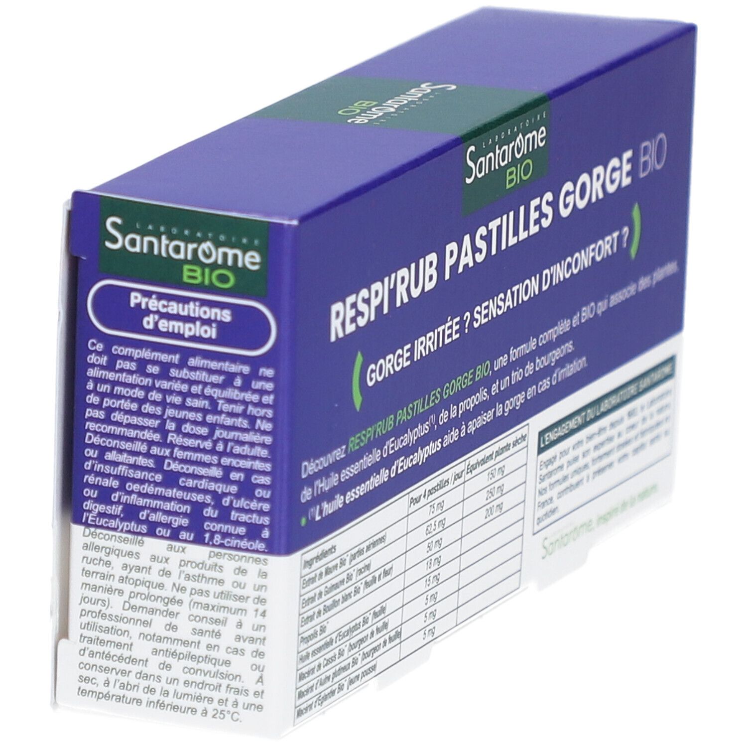 Schachtel mit Pastillen. Aufschrift: Respi'Rub Pastilles Gorge Bio. Vorsichtsmaßnahmen und Gebrauchsanweisung.