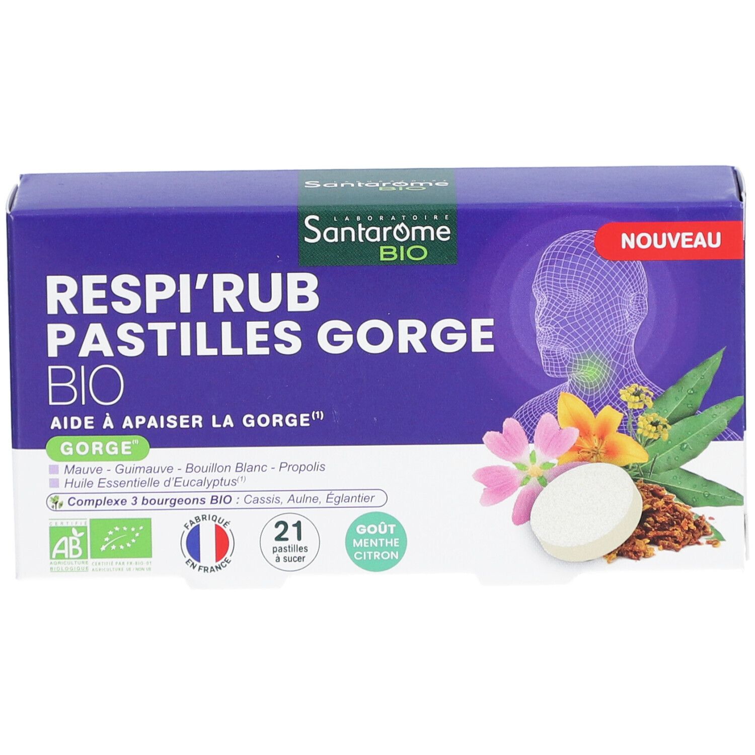 Schachtel mit Pastillen. Aufschrift: Respi'Rub Pastilles Gorge Bio. Mit 21 Pastillen, Geschmack Minze Zitrone.