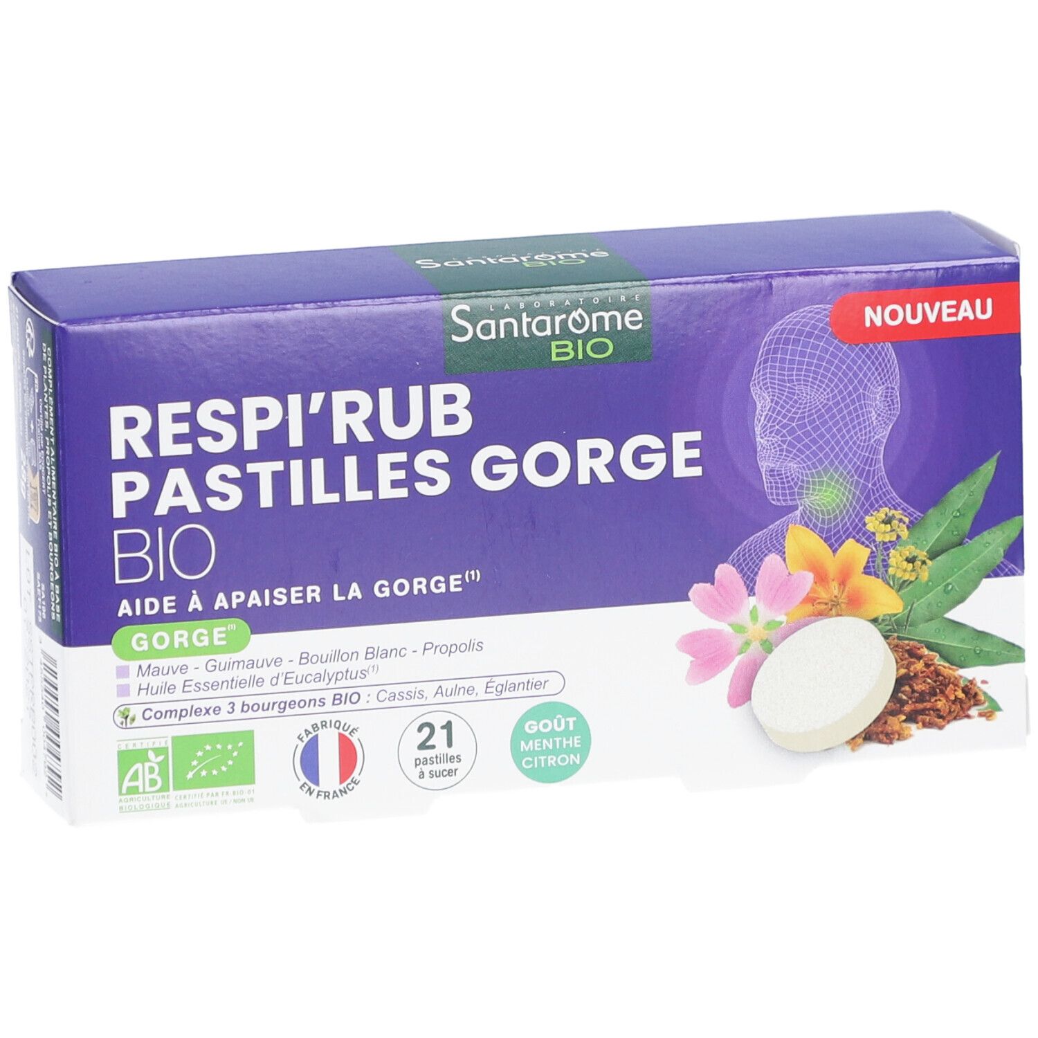 Schachtel mit Pastillen. Aufschrift: Respi'Rub Pastilles Gorge Bio. Mit 21 Pastillen, Geschmack Minze Zitrone.