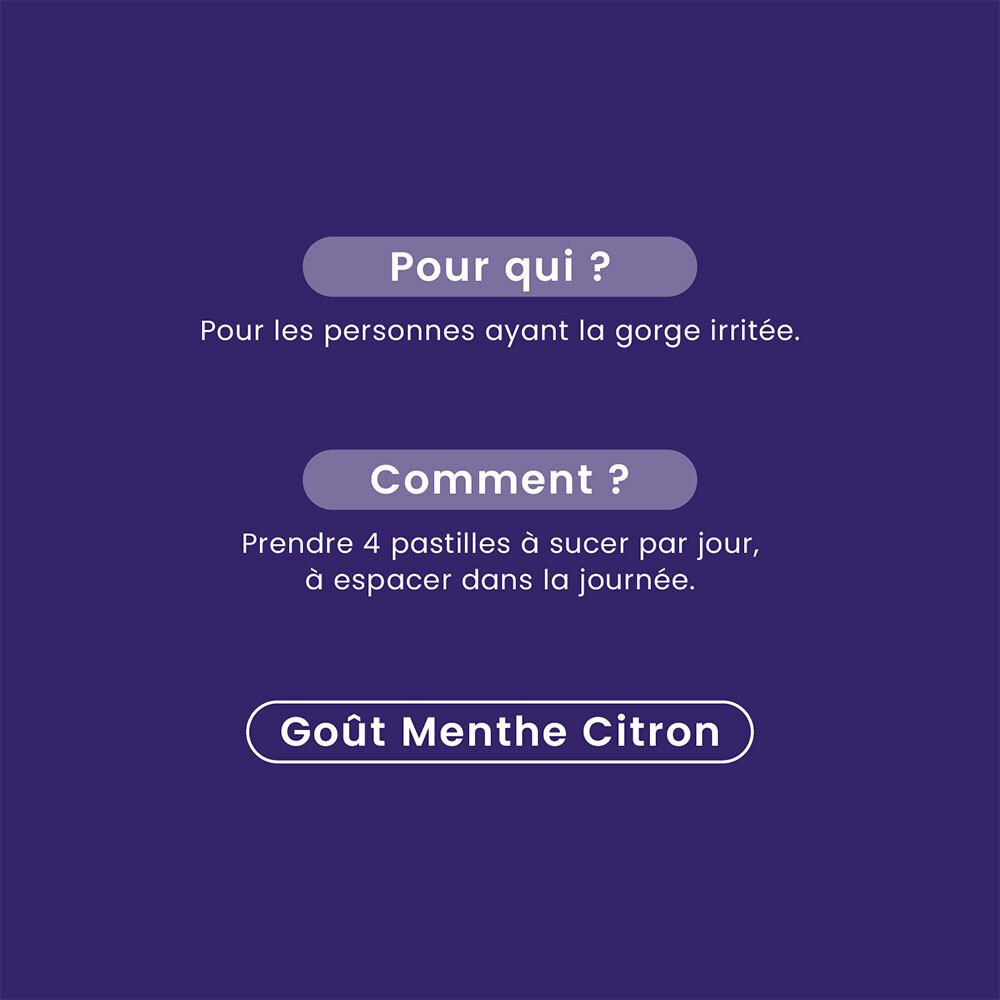 Texte sur fond violet : Pour qui ? Pour les personnes ayant la gorge irritée. Comment ? 4 pastilles à sucer par jour.