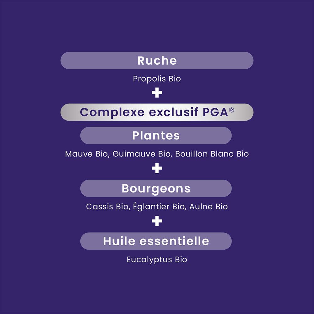 Liste des ingrédients sur fond violet. Propolis, plantes, bourgeons, huile essentielle. Complexe PGA® exclusif.