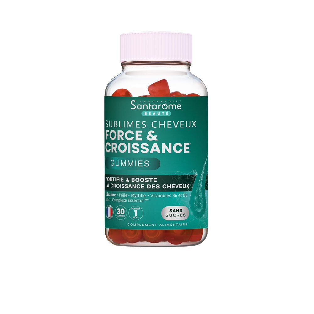 Klare Flasche mit roten Gummies. Aufschrift: Santarome, Sublimes Cheveux Force & Croissance Gummies. 30 Stück, ohne Zucker.